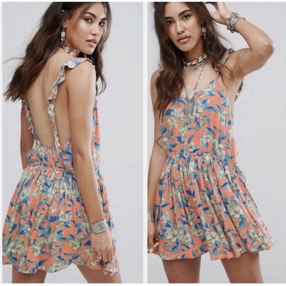 Free People Dear You Backless Mini Dress S Floral Orange Blue Bohemian Festival‎